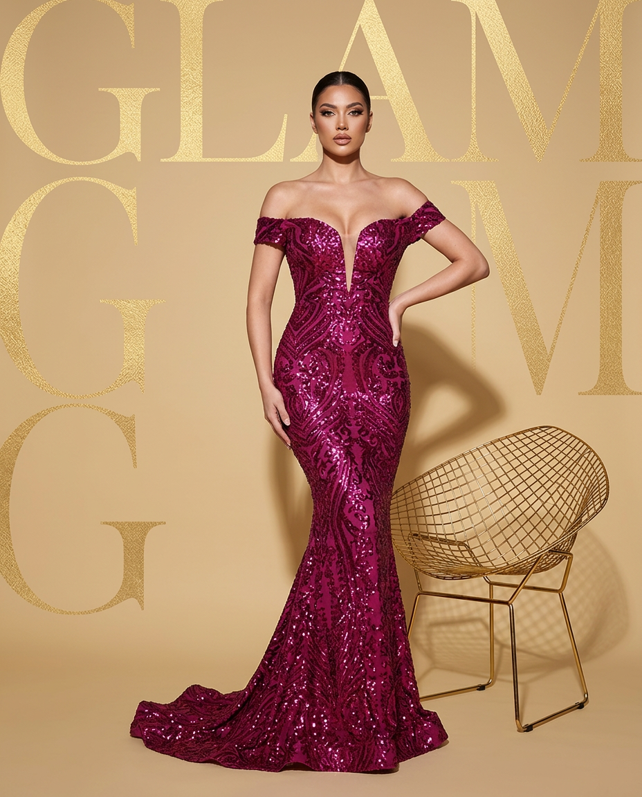 Model in magenta sequin gown by Curvy Q