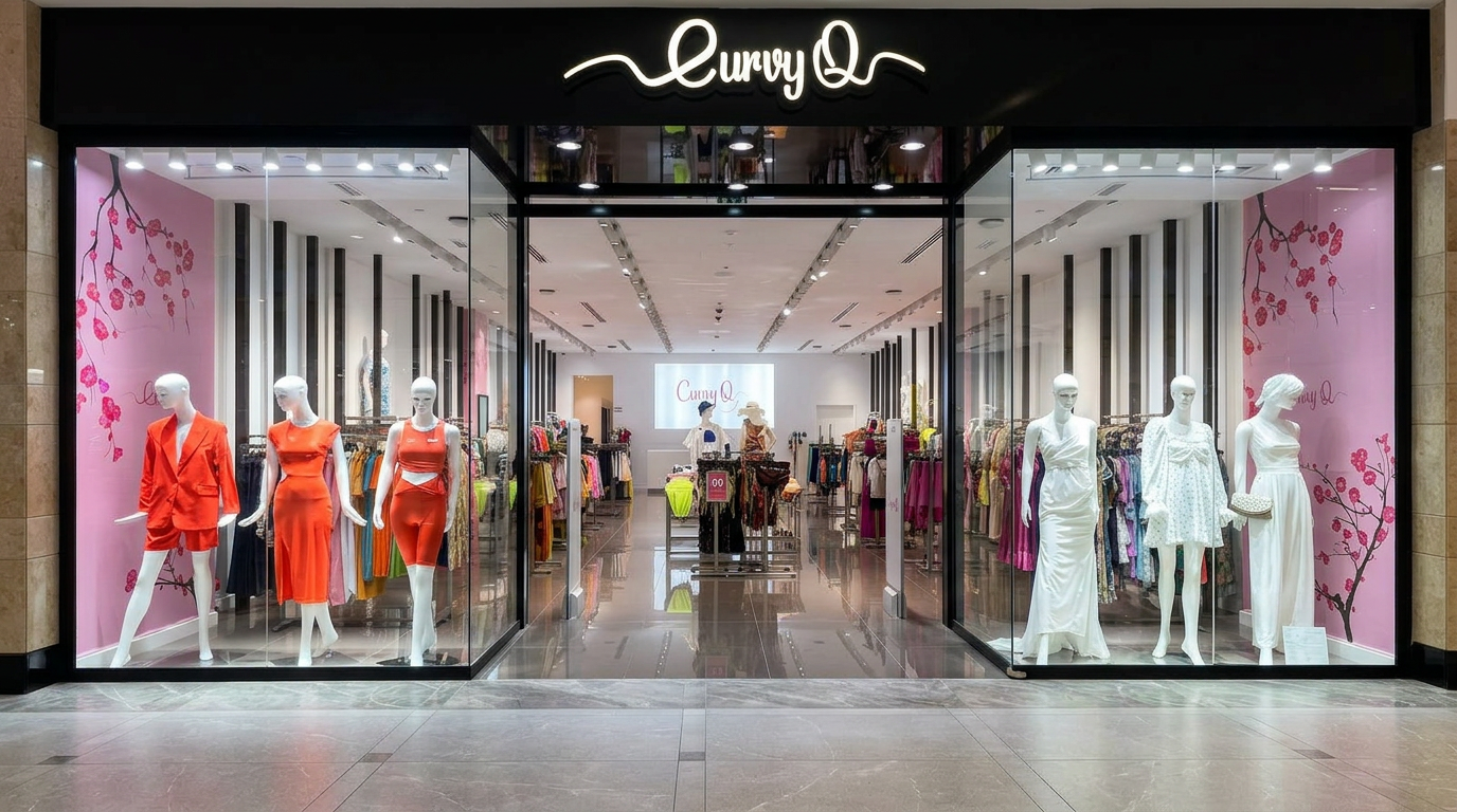 Curvy Q Flagship — Abu Dhabi Mall Curvy Q flagship boutique storefront at Abu Dhabi Mall — illuminated neon Curvy Q signage above the entrance with mannequins in coral and ivory eveningwear in the windows